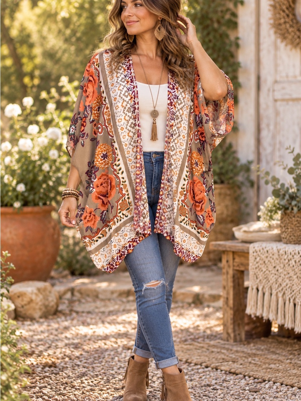 Angie Boho Floral Paisley Open Front Kimono Cardigan Cover-Up large
